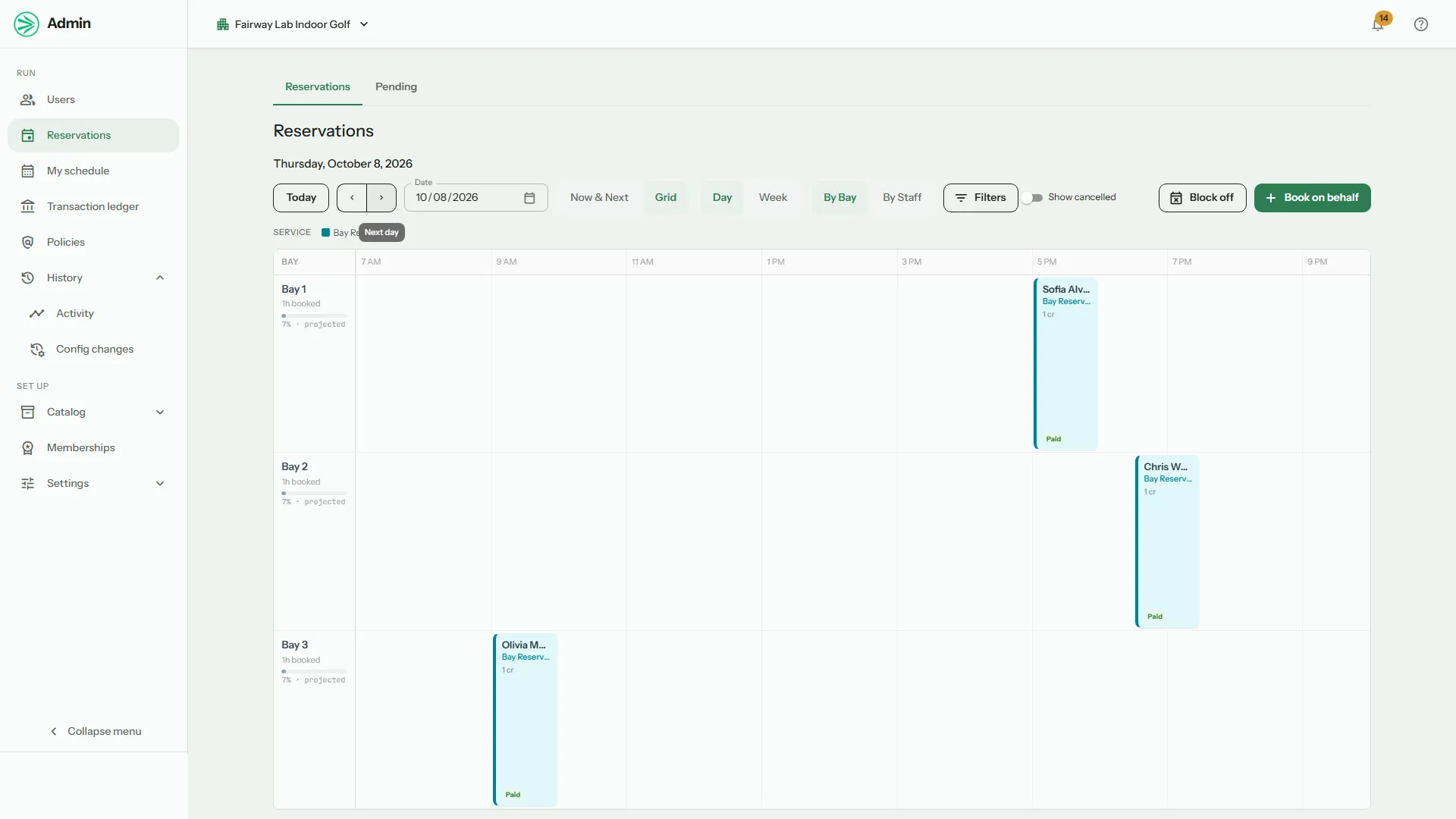 The Reservations grid in the Dink admin showing one day of bookings by bay