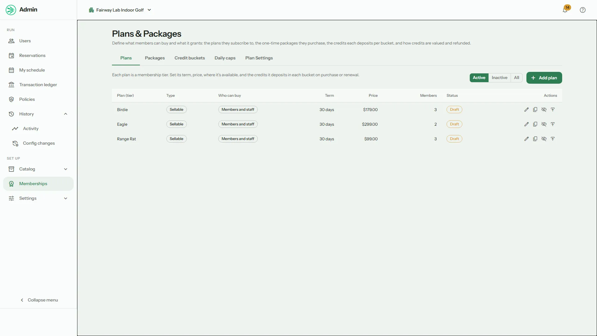 Plans and Packages in the Dink admin: three membership plans with their term, price and member count